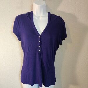 INC y2k large ribbed short sleeve purple henley style shirt with hoodie